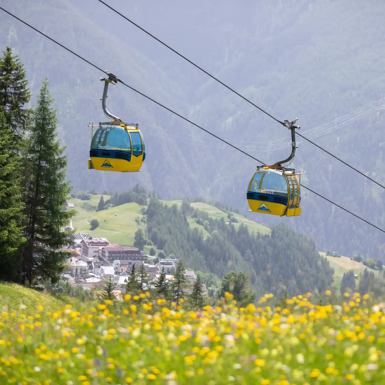 Zwei gelbe Serfauser Seilbahnen gleiten über Wildblumen mit Bergen im Hintergrund.